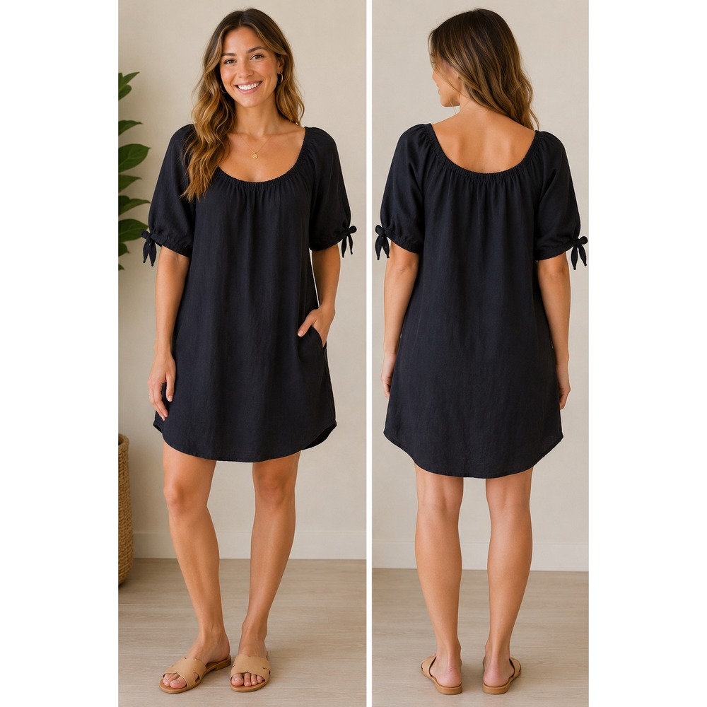 Old Navy Black Linen Blend Off Shoulder Tie Sleeve Pocket Shift Dress Small NWT